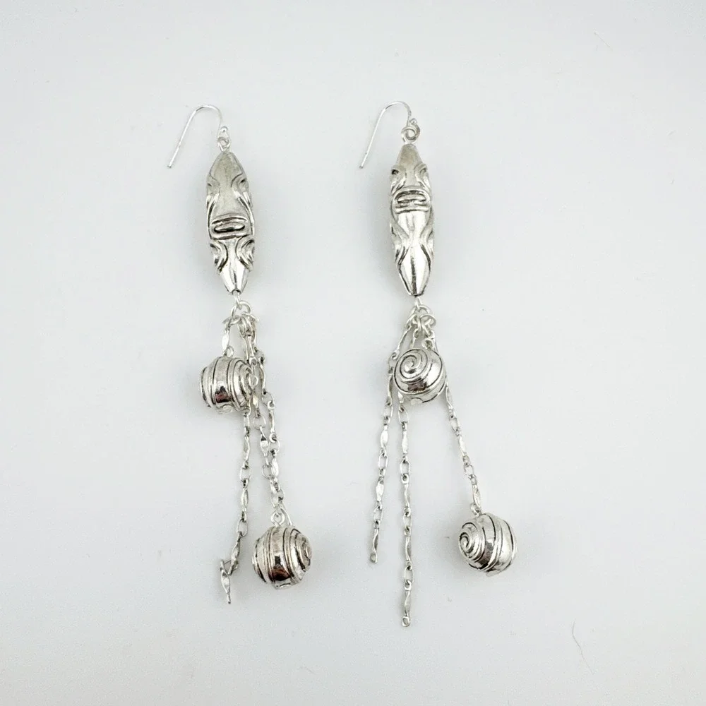 Silver Dangle Earrings Boho Swirl‎ Bead Drop Long Statement